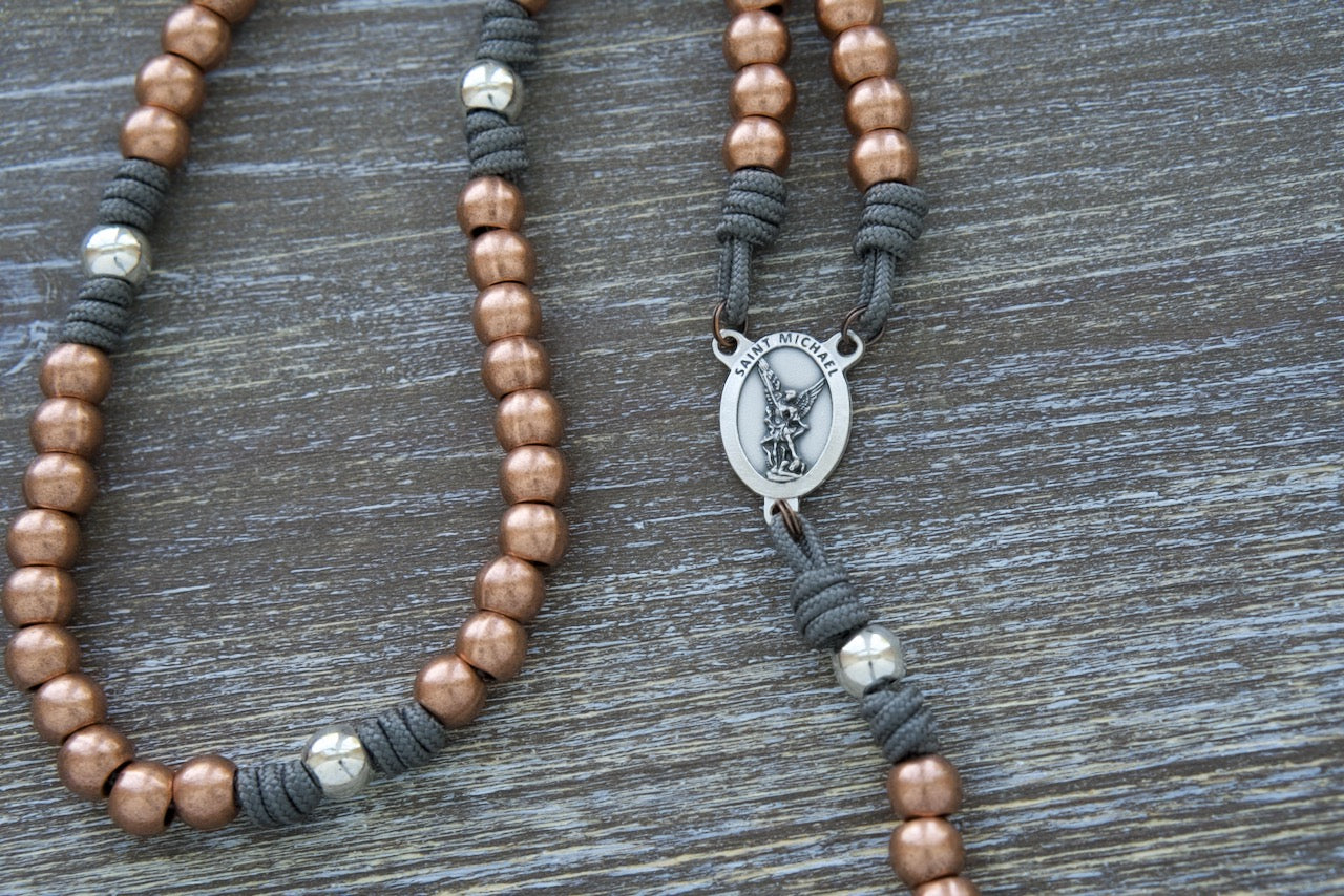 "St. Michael's Sword" Premium Paracord Rosary with Copper and Silver Beads, Rugged Grey Paracord 275, Stainless Steel Metal Beads, Silver St. Michael Centerpiece Devotional Medal, 2" Silver St. Benedict Crucifix, Handmade by Catholic Family, Durable and Unbreakable