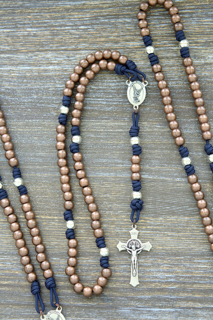 Premium metal paracord rosary, 'St. Michael's Sword,' featuring durable 275 paracord in grey, black, green, or navy blue.  Alloy metal Hail Mary (copper) and Our Father (silver) beads.