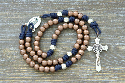 St. Michael's Sword Premium Metal Paracord Rosary: A handcrafted rosary featuring durable paracord in grey, black, green, or navy blue, with gleaming copper Hail Mary and silver Our Father beads.