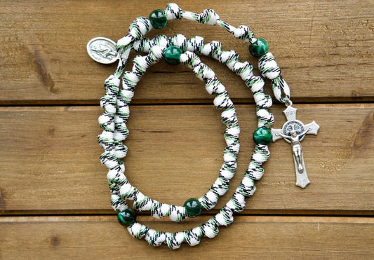 Durable, Premium Unbreakable Paracord Rosary - St. Patrick & St. Bridget Green, Black, and White Knotted Rope Catholic Gift for Battle-Ready Prayer Warriors (19 inches, 2" St. Benedict Crucifix)