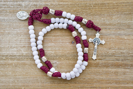 Little Flower St. Therese Rose Pink & White 5 Decade Paracord Rosary with St. Benedict Crucifix - Durable Catholic Gift for Prayer (19 inches, Kid-Tested)