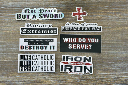 Pack of 8 vinyl "Warfare" themed stickers featuring Catholic imagery and the quote: "Therefore take unto you the armour of God, that you may be able to resist in the evil day, and to stand in all things perfect."  Ideal for laptops, water bottles, notebooks, and more - spread your faith with these durable and inspiring stickers.   