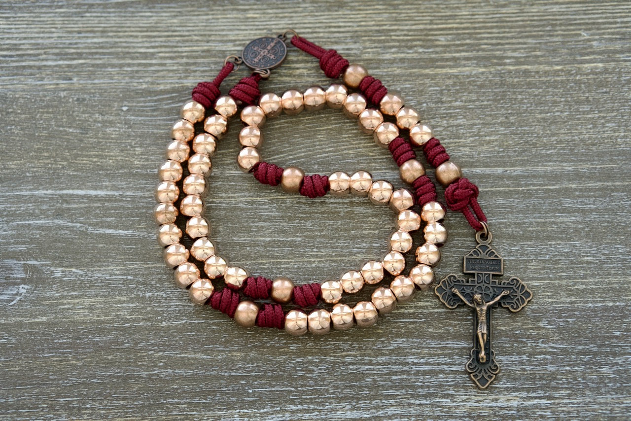 Strength & Virtue Premium Metal Paracord Rosary in Maroon, Rosegold, and Copper - Handmade Catholic Prayer Accessory with Unbreakable Paracord and St. Benedict Medal