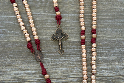 Premium Maroon, Rose Gold & Copper Strength & Virtue Paracord Rosary with Unbreakable Metal Beads and Protective St. Benedict Medal - Catholic Gift for Devout Women