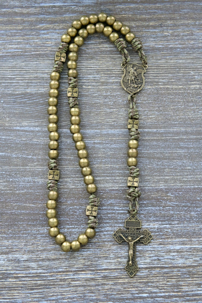 Strength of the Militant Holy Rosary | Premium Metal Paracord Rosary with olive green camo paracord, St. Michael devotional medal, and pardon crucifix; an unbreakable Catholic gift for spiritual warriors in The Church Militant