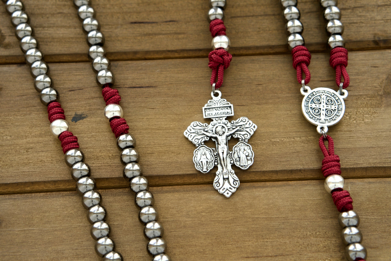 The Sword of the Faithful - Maroon, Gunmetal and Silver Paracord Rosary: Premium Paracord Catholic Gift with 10mm Alloy Metal Hail Mary Beads, Silver Our Father Beads, St. Benedict Medal Centerpiece, and 2" Pardon Crucifix for Unbreakable Faith and Spiritual Protection