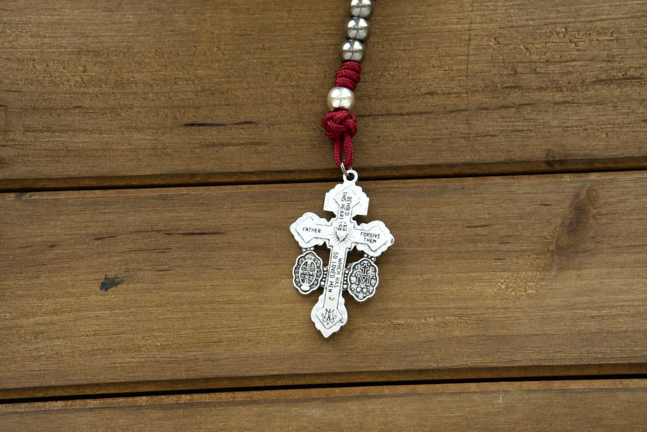 Premium Paracord Rosary in Maroon, Gunmetal and Silver - "Sword of the Faithful" design with St. Benedict Medal, 10mm Alloy Metal Beads and 2-Inch Pardon Crucifix for unbreakable Catholic spiritual support.