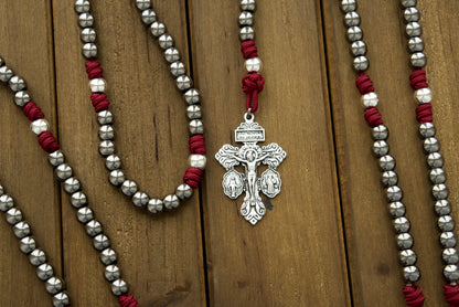 Durable Maroon, Gunmetal and Silver Premium Paracord Rosary with St. Benedict Medal Centerpiece and 2" Pardon Crucifix - Catholic Gifts for Faithful Warriors