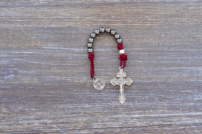 Sword of the Faithful paracord rosary with gunmetal and silver beads, St. Benedict medal, and 2-inch Pardon crucifix.