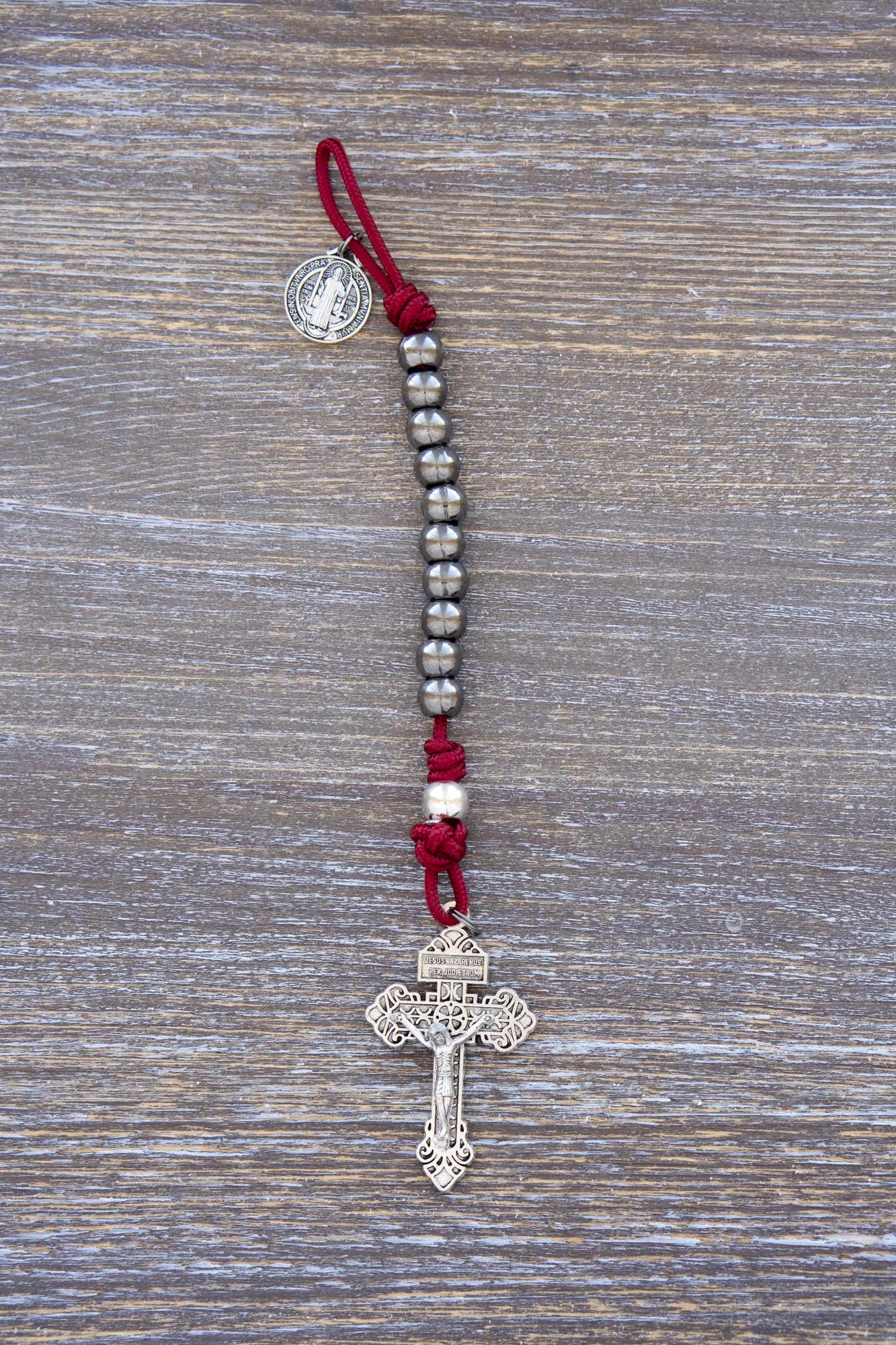 Sword of the Faithful paracord rosary with gunmetal & silver beads, St. Benedict medal, and 2-inch Pardon crucifix!