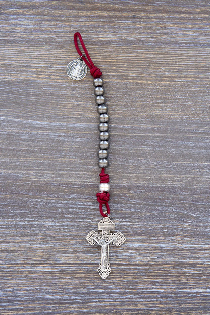 Sword of the Faithful paracord rosary with gunmetal & silver beads, St. Benedict medal, and 2-inch Pardon crucifix!