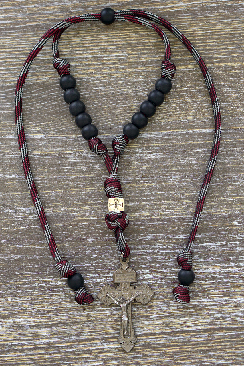 The Crusader - Rearview Mirror Rosary: High-quality handmade Catholic rosary with metal Crusader bead, acrylic beads, and a 2" gunmetal pardon crucifix.