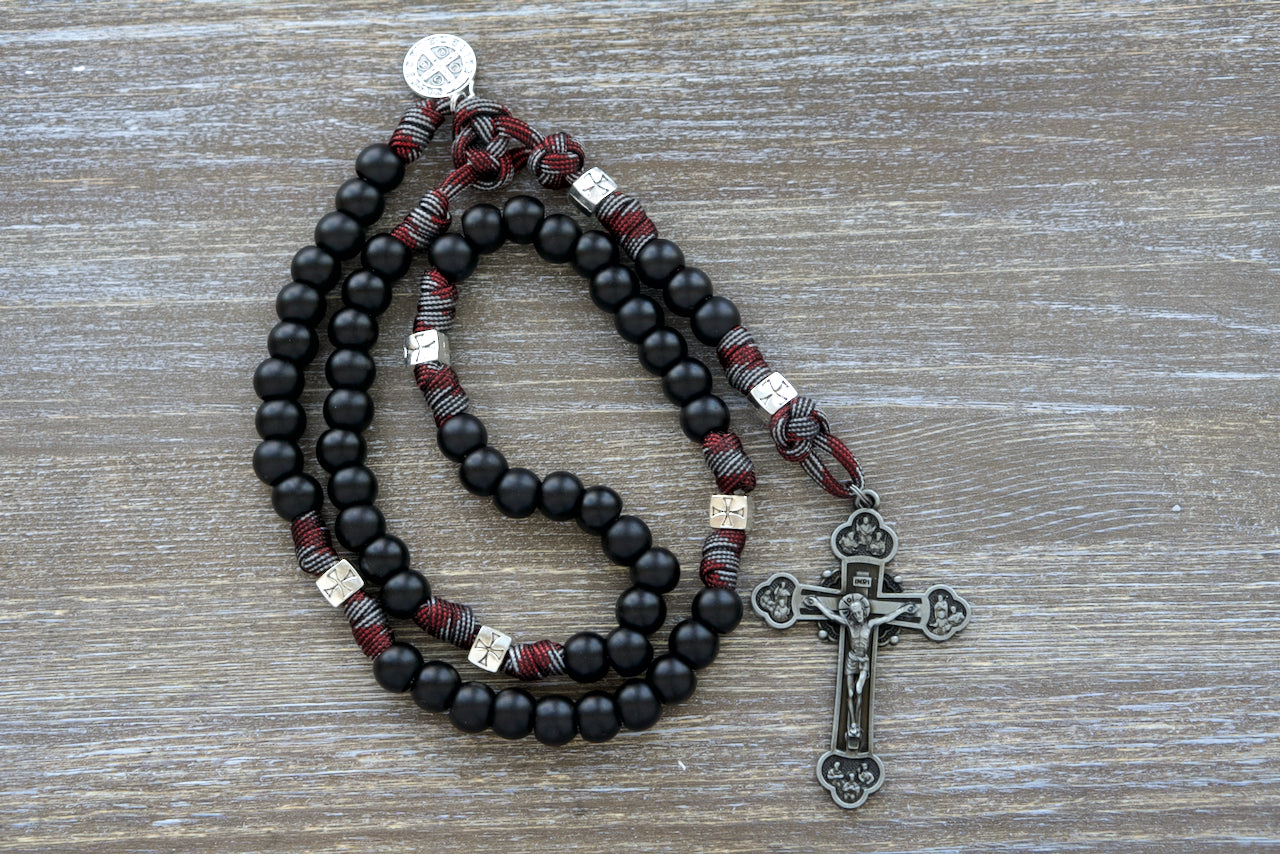 Unbreakable Crusader Paracord Rosary - The ultimate spiritual weapon for Catholics, featuring bold colors and a large gunmetal Crucifix with St. Benedict medal. Premium quality for daily use and perfect for warriors of faith.
