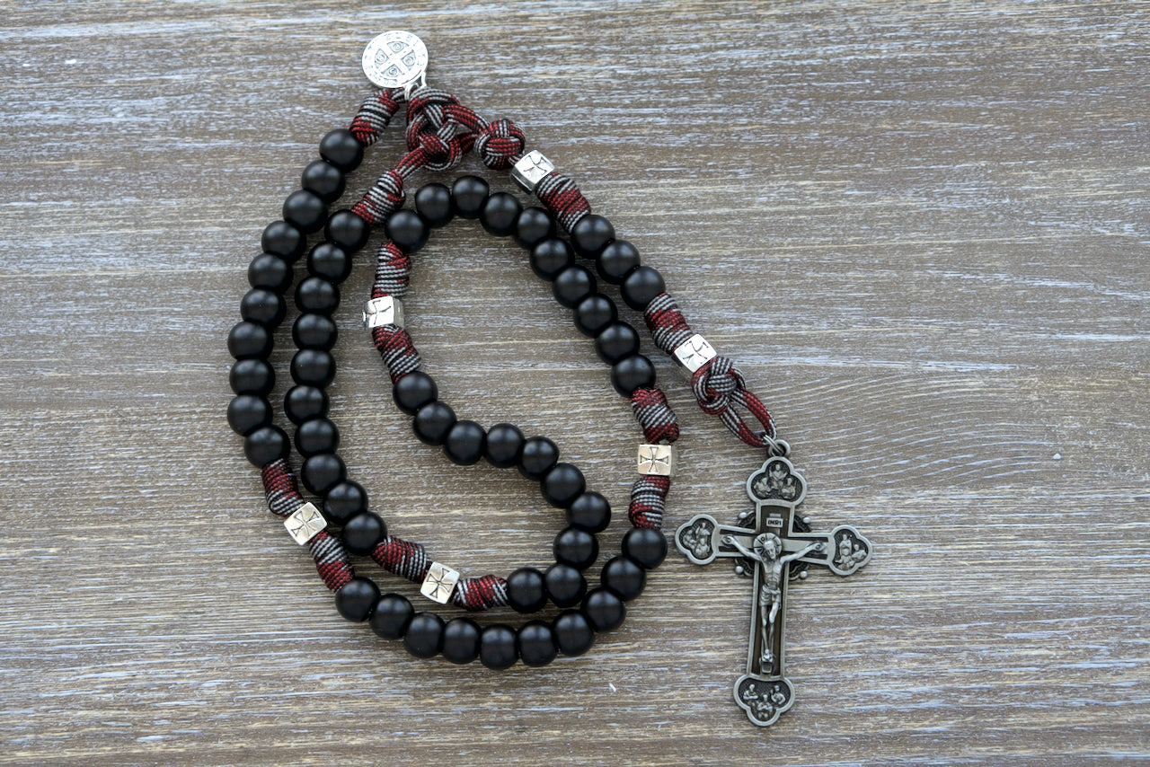 Crusader DEUS VULT paracord rosary with gunmetal crucifix and St. Benedict medal, bold colors, durable design for faithful warriors.