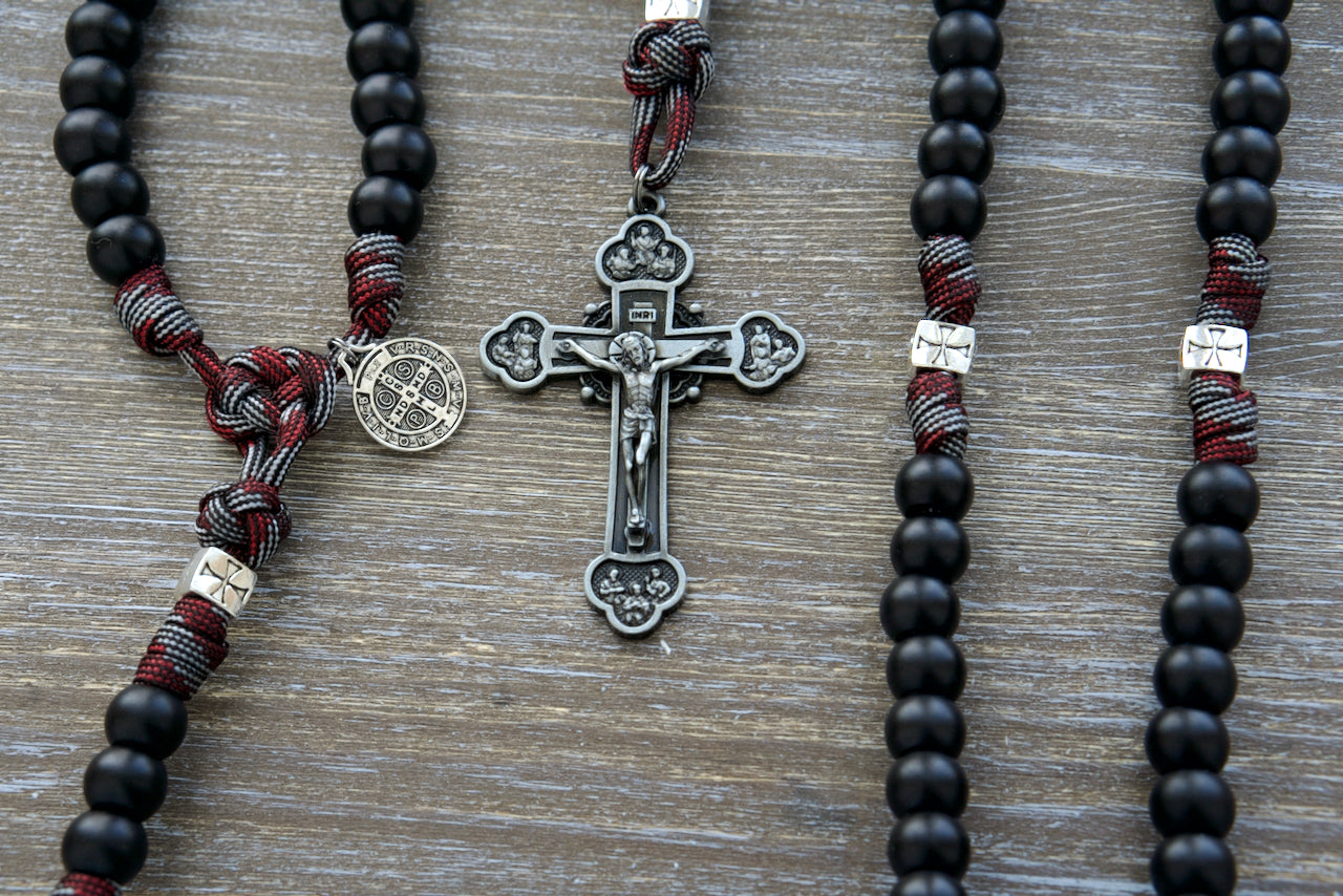 Unbreakable Crusader Paracord Rosary - 5 Decade Catholic Gift for Spiritual Warriors with Gunmetal Crucifix & St. Benedict Medal - Sanctus Servo