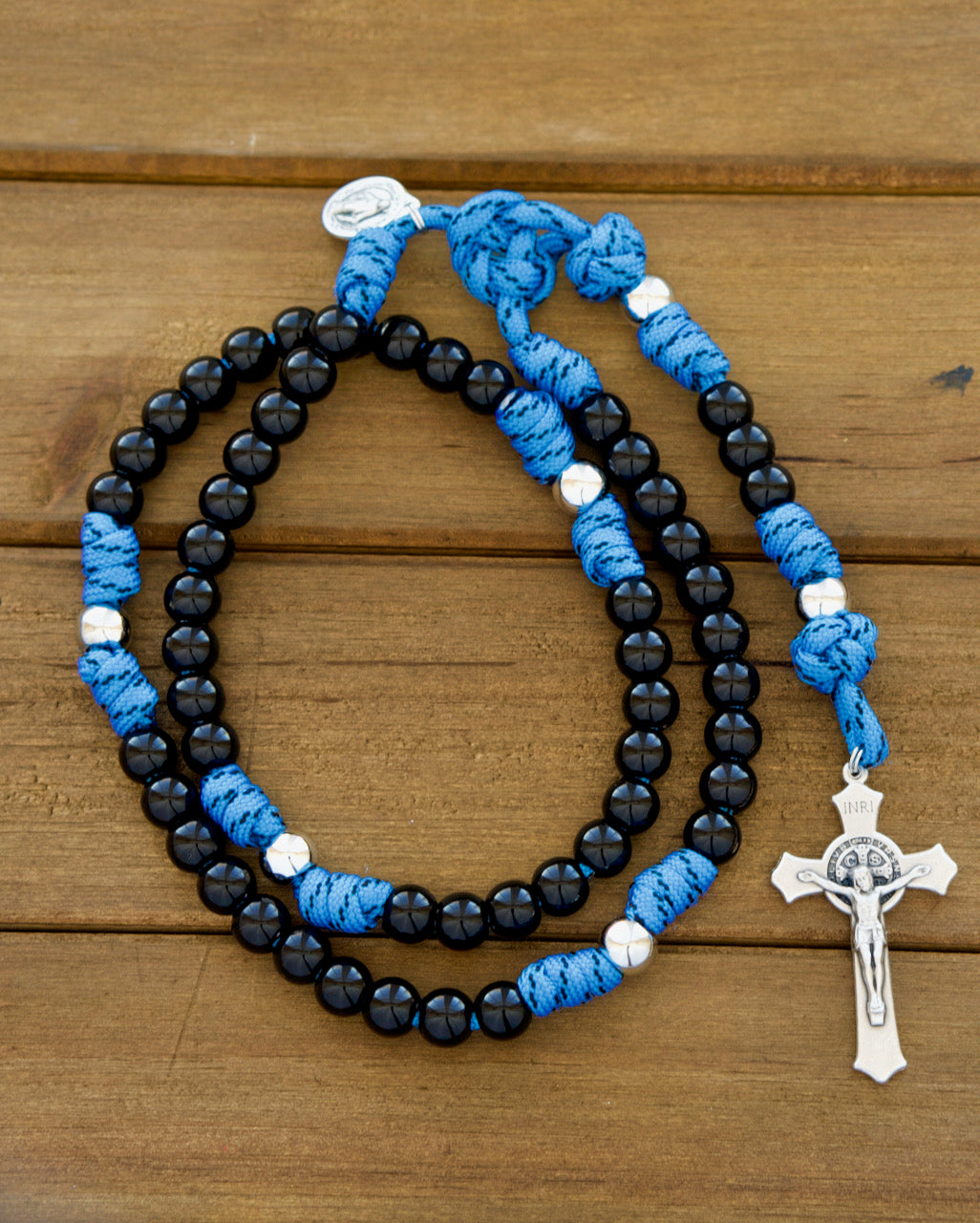The Royal Warrior | Blue, Black & Silver | 5 Decade Paracord Rosary - Unbreakable, durable Catholic rosary designed for little boys with royal blue paracord, black acrylic beads, silver Our Father beads, Miraculous Medal and St. Benedict Crucifix.