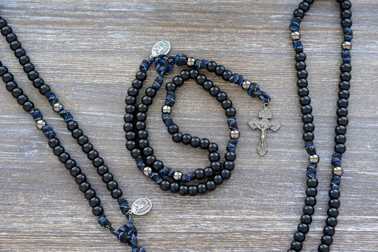 Thin Blue Line - 5 Decade Paracord Rosary: matte black and gunmetal beads, thin blue line camo paracord, St. Michael/Guardian Angel medal, gunmetal Crucifix