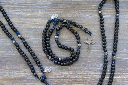 Thin Blue Line - 5 Decade Paracord Rosary: matte black and gunmetal beads, thin blue line camo paracord, St. Michael/Guardian Angel medal, gunmetal Crucifix