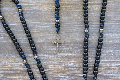 Thin Blue Line - 5 Decade Paracord Rosary:  Matte black and gunmetal beads on camo paracord rope with St. Michael/Guardian Angel medal and gunmetal crucifix.