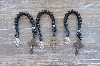 Thin Blue Line Pocket Paracord Rosary: gunmetal & matte black beads, camo paracord, St. Michael medal, and gunmetal crucifix.