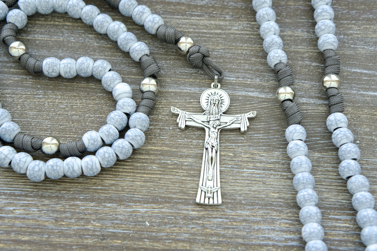 Tower of Ivory - 5 Decade Paracord Rosary: Premium, Unbreakable Catholic Gift with Cracked Ivory Hail Mary Beads, Silver Our Father Beads, and Holy Trinity Crucifix.