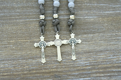 Tower of Ivory - Pocket Paracord Rosary: A stunning, durable rosary with cracked ivory-looking Hail Mary beads, silver Our Father beads, and a 2-inch St. Benedict crucifix for your Catholic faith journey.