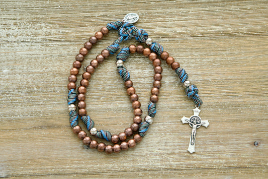 Kid's Unbreakable Faith - Blue, Copper and Silver Paracord Rosary with durable materials and sacred symbols for lifelong Catholic adventures.