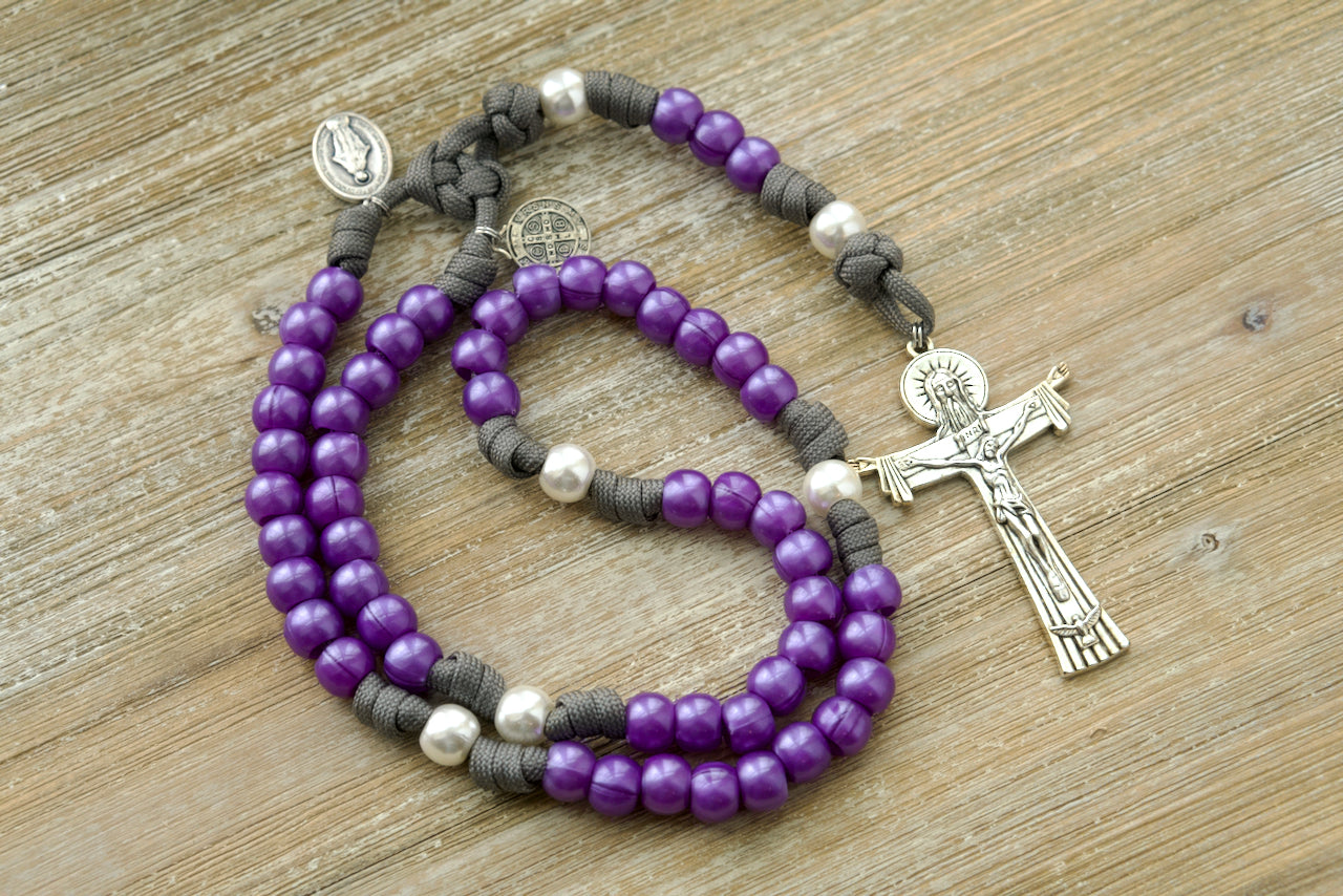 Purple, Pearl & Grey 5 Decade Paracord Rosary with Premium Acrylic Beads, Miraculous Medal, St. Benedict Medal, and Unbreakable Paracord - Perfect for Catholic Prayer and Gifts.