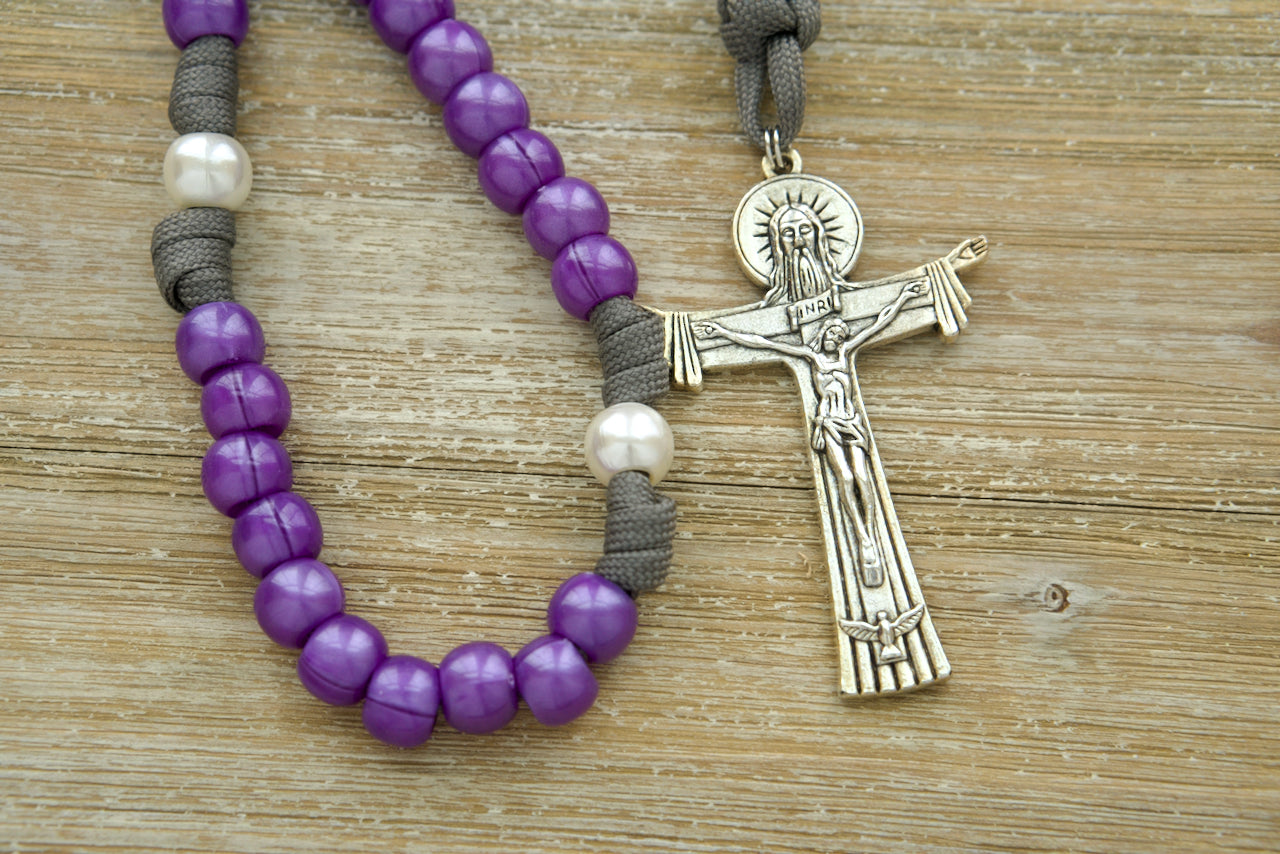 Violet Tranquility - Purple, Pearl, and Grey - 5 Decade Paracord Rosary: Handcrafted Catholic prayer weapon with durable paracord, acrylic beads, Miraculous Medal, St. Benedict medal, and Holy Trinity Crucifix. Perfect for deepening your prayer life or as a special gift.