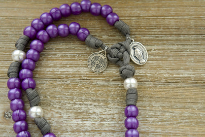 Violet Tranquility - Purple, Pearl, and Grey - Durable 5 Decade Paracord Rosary with St. Benedict Medal, Miraculous Medal, and Holy Trinity Crucifix; Perfect for Catholic Prayer and Gifting