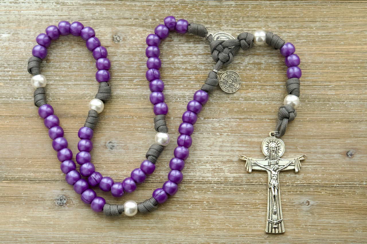 Violet Tranquility - Durable, Premium Purple, Pearl, and Grey 5 Decade Paracord Rosary with 12mm Acrylic Beads, Miraculous Medal, St. Benedict Devotional Medal, and 3-inch Holy Trinity Crucifix for Catholic prayer and gifts.