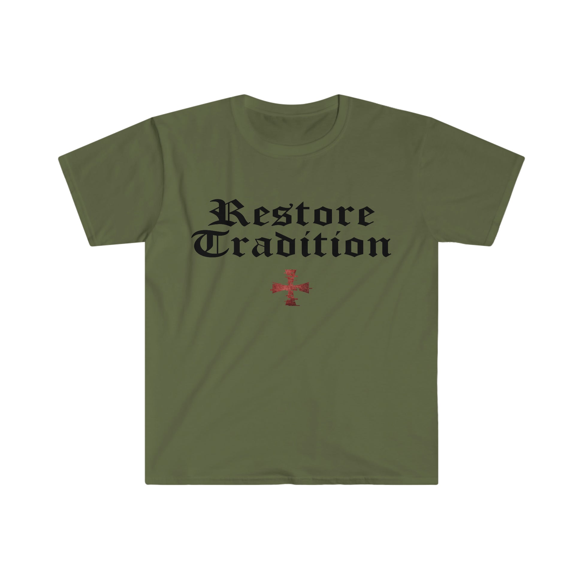 Olive Green Gildan T-Shirt with "Restore Tradition" printed on it with black font by Sanctus Servo.