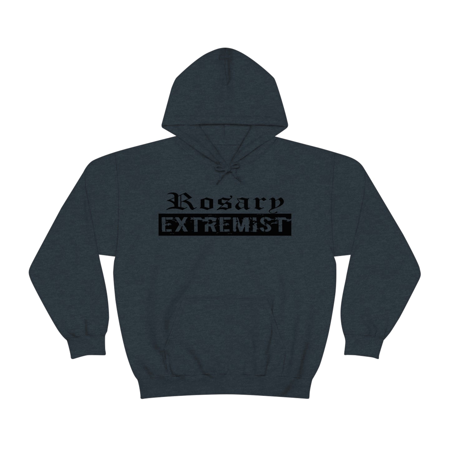 Heather Blue Hoodie with black "Rosary Extremist" text printed on it by Sanctus Servo.