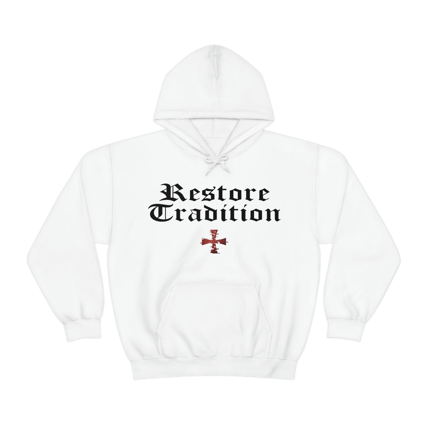 White Gildan hoodie with "Restore Tradition" and a red digital crusader Sanctus Servo logo printed on it.