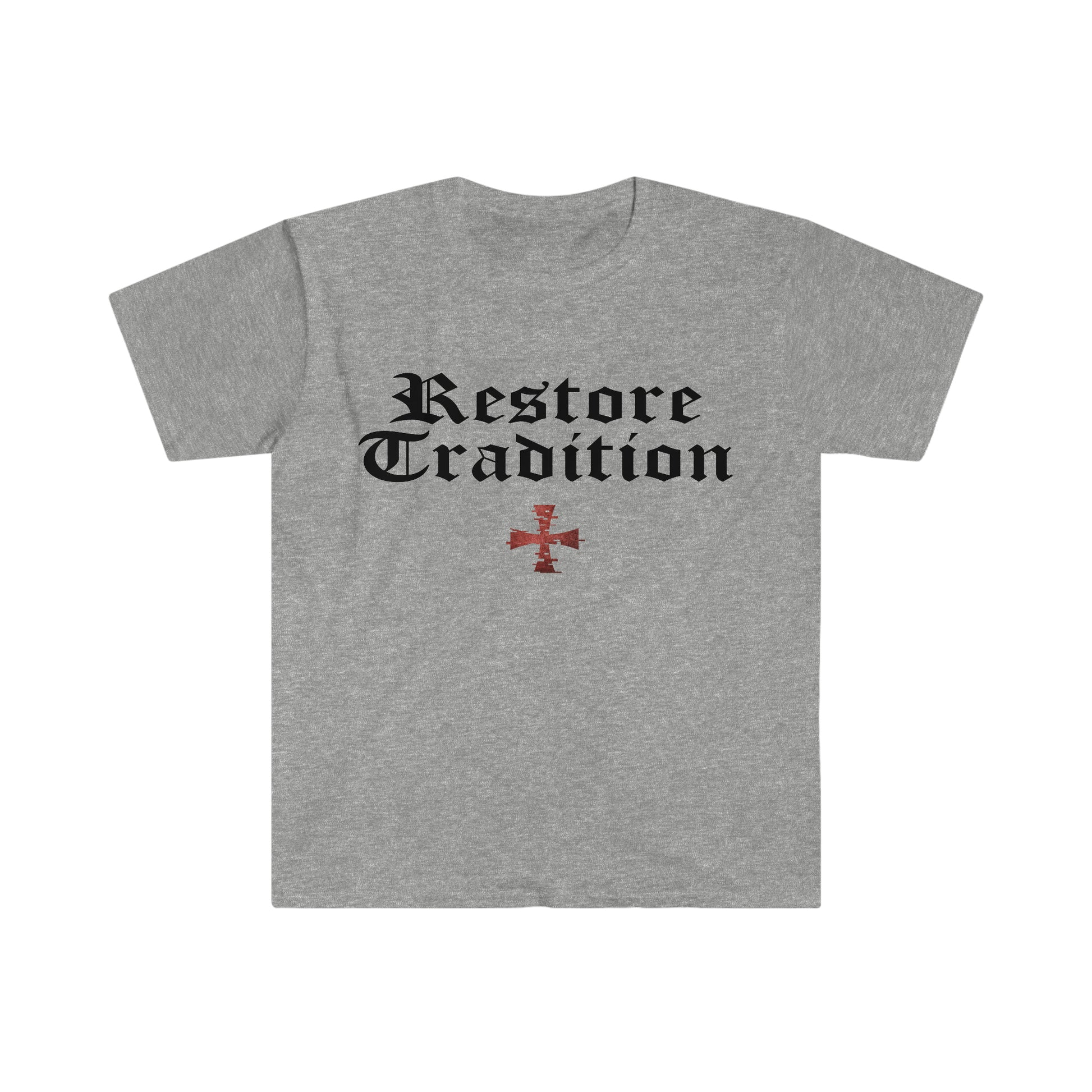 Heather Gray Gildan T-Shirt with "Restore Tradition" printed on it with black font by Sanctus Servo.