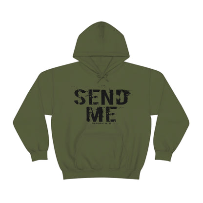 Olive Green sweatshirt with black "Send Me" Isaiah 6:8 bible verse text printed on it by Sanctus Servo.