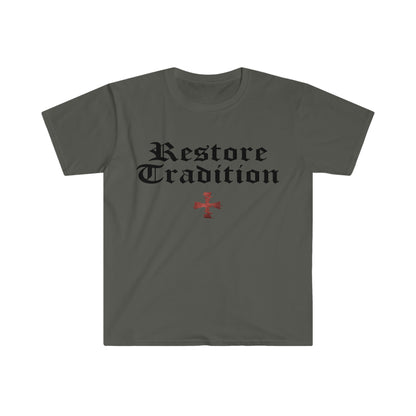 Charcoal Gray Gildan T-Shirt with "Restore Tradition" printed on it with black font by Sanctus Servo.