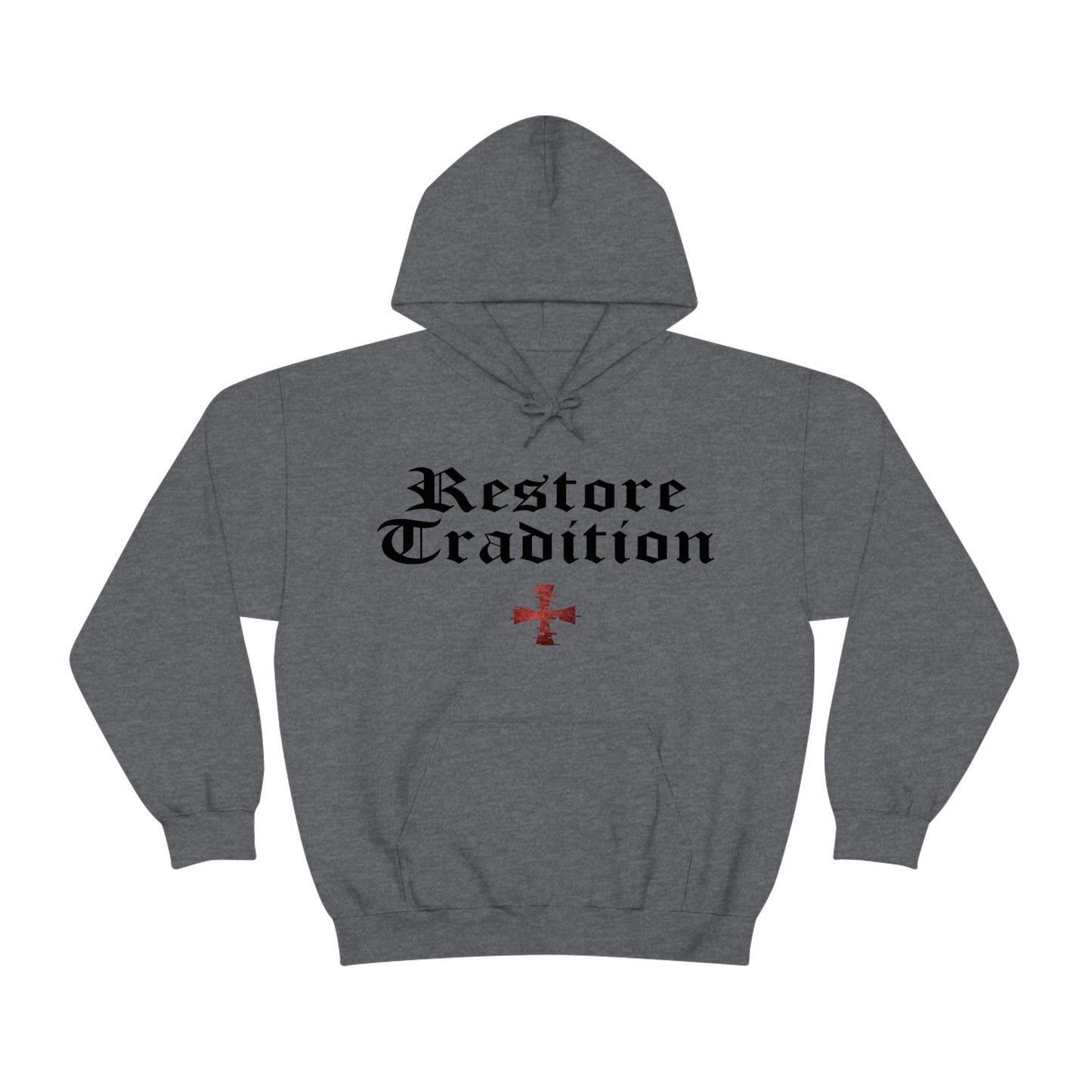 Dark Gray Gildan hoodie with "Restore Tradition" and a red digital crusader Sanctus Servo logo printed on it.