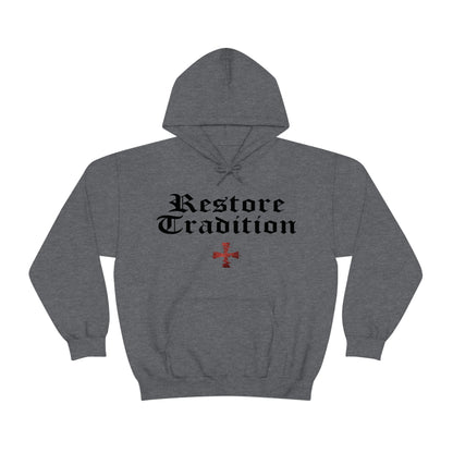 Dark Gray Gildan hoodie with "Restore Tradition" and a red digital crusader Sanctus Servo logo printed on it.