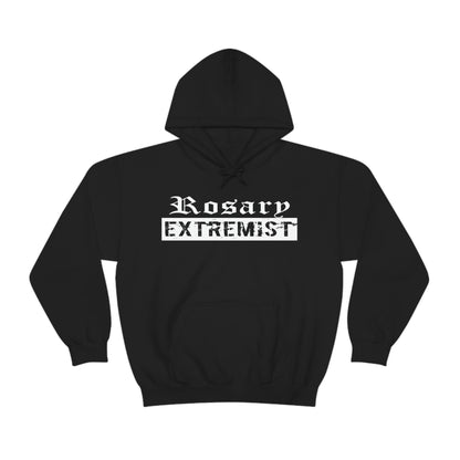 Black Gildan Hoodie with white "Rosary Extremist" text printed on it by Sanctus Servo.