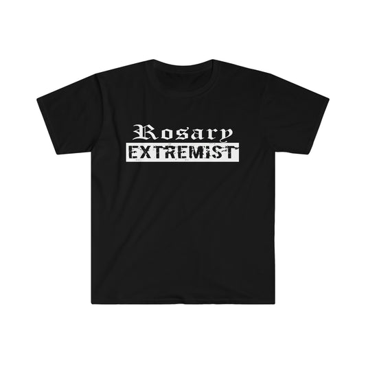 Black Gildan T-Shirt with white "Rosary Extremist" text printed on it by Sanctus Servo.