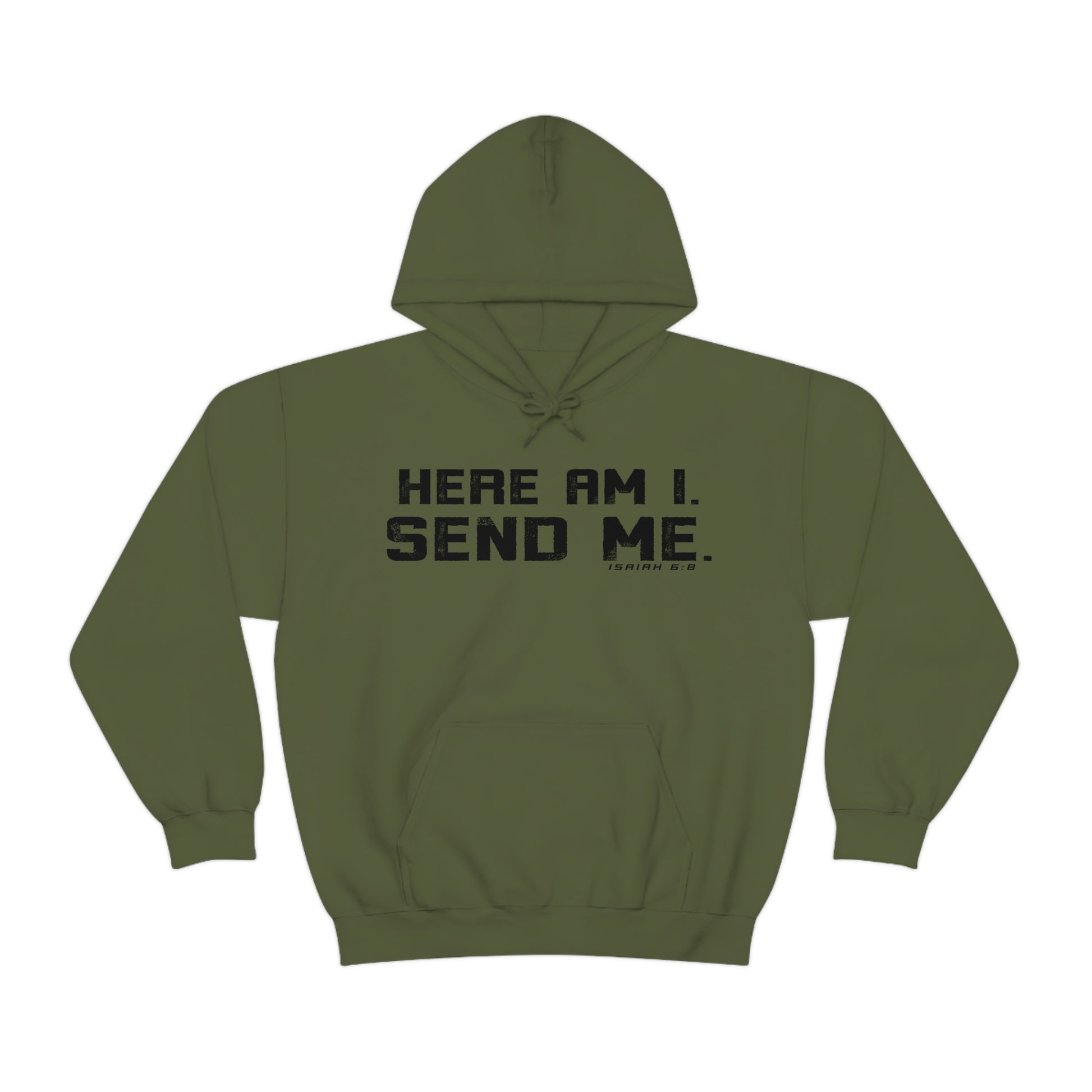 Here am I Bible Verse for Christians printed on olive green gildan hoodie