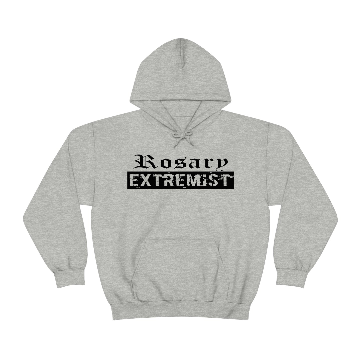 Heather Gray Gildan Hoodie with black "Rosary Extremist" text printed on it by Sanctus Servo.