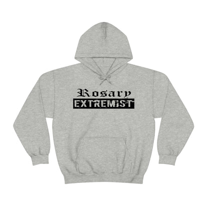Heather Gray Gildan Hoodie with black "Rosary Extremist" text printed on it by Sanctus Servo.