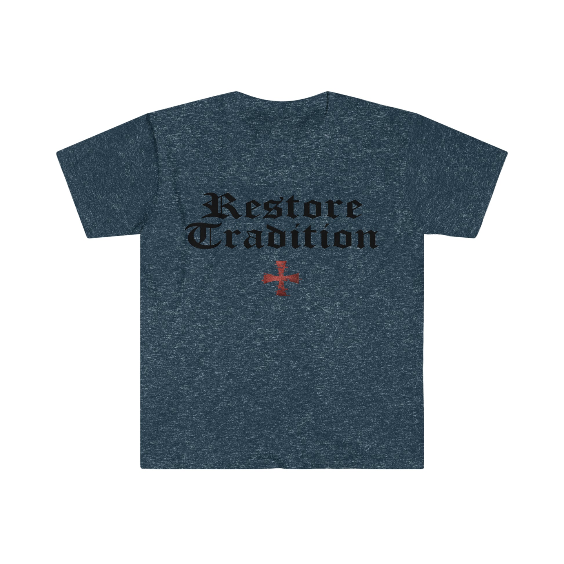 Heather Navy Blue Gildan T-Shirt with "Restore Tradition" printed on it with black font by Sanctus Servo.