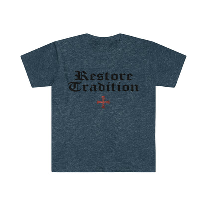 Heather Navy Blue Gildan T-Shirt with "Restore Tradition" printed on it with black font by Sanctus Servo.