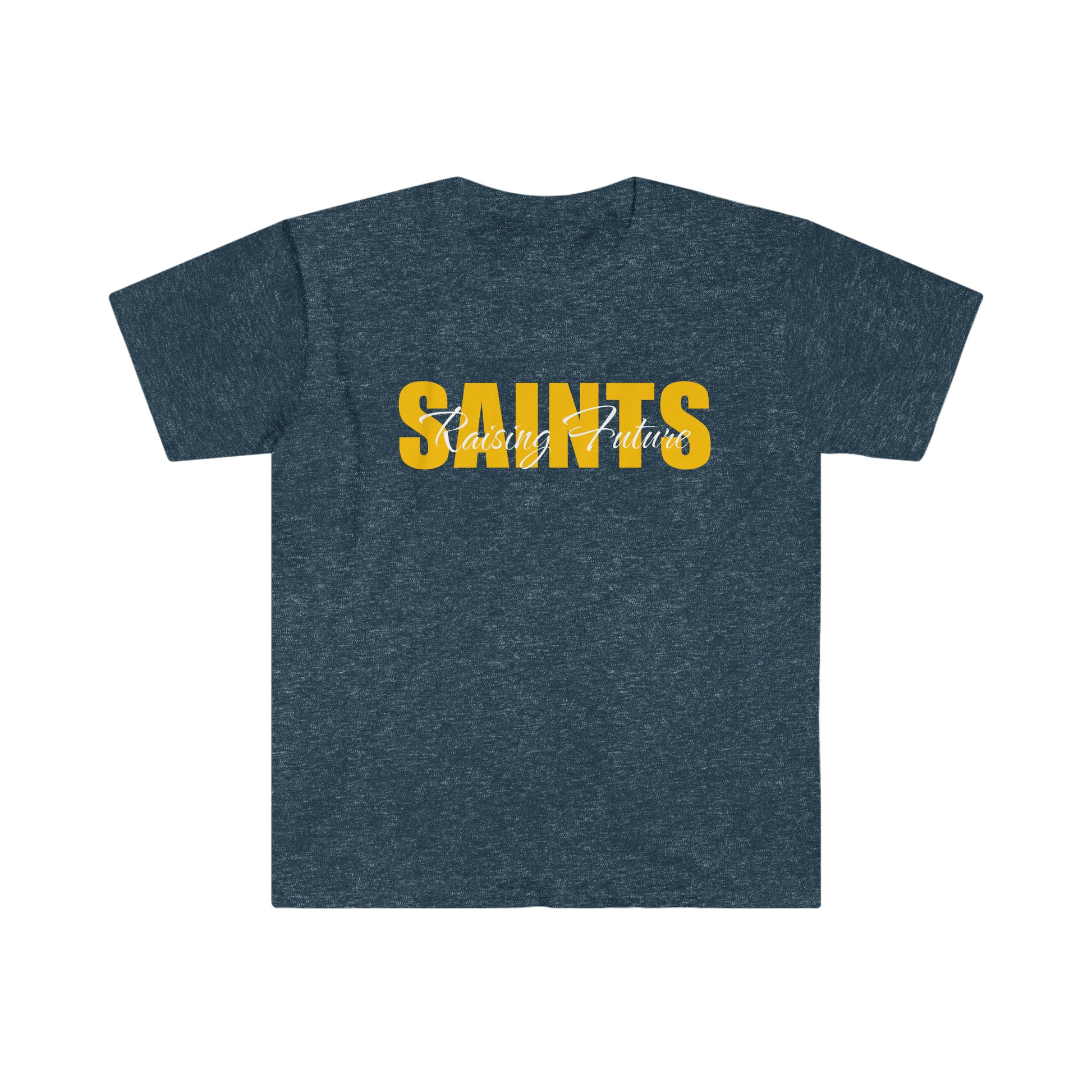 Heather navy blue t-shirt with "Raising Future Saints" printed on it.