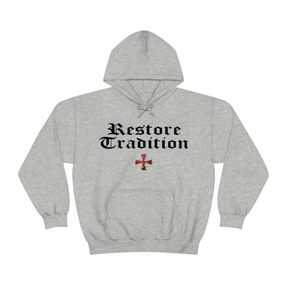 Heather Gray Gildan hoodie with "Restore Tradition" and a red digital crusader Sanctus Servo logo printed on it.