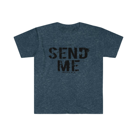 Heather Navy Blue Gildan T-Shirt with black "Send Me" Isaiah 6:8 bible versetext printed on it by Sanctus Servo.
