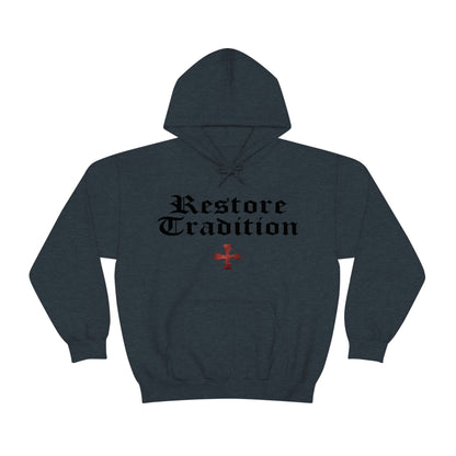 Heather Navy Blue Gildan hoodie with "Restore Tradition" and a red digital crusader Sanctus Servo logo printed on it.